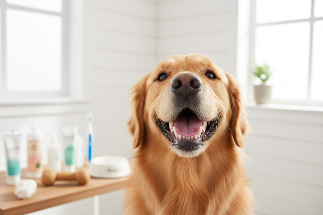 Happy dog with healthy teeth