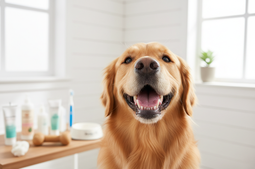 Happy dog with healthy teeth